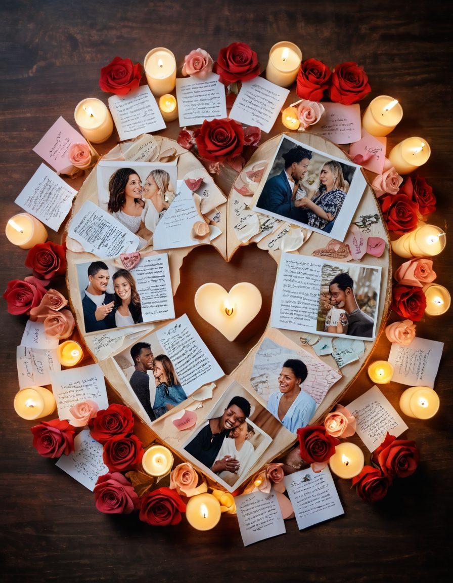 A heart-shaped collage featuring couples of diverse backgrounds sharing intimate moments: laughing, embracing, and exchanging handwritten love letters in a cozy setting adorned with candles and roses. Soft pastel colors create a warm, loving atmosphere, symbolizing emotional connections. The background should be dreamy and romantic, enhancing the theme of strengthening relationships this Valentine's Day. vibrant colors. soft focus.