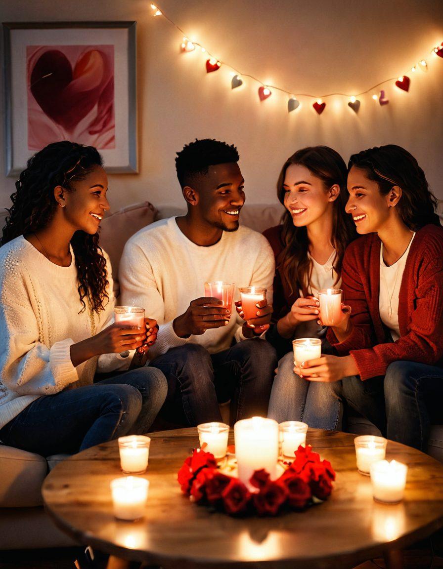 A cozy scene depicting a diverse group of friends enjoying a Valentine's Day gathering, surrounded by soft lighting and heart-themed decorations. Include elements of warmth such as candles, handmade gifts, and heartfelt conversations, emphasizing intimacy and connection. The background should feature a festive, inviting atmosphere that encapsulates love and community. super-realistic. warm colors. soft lighting.